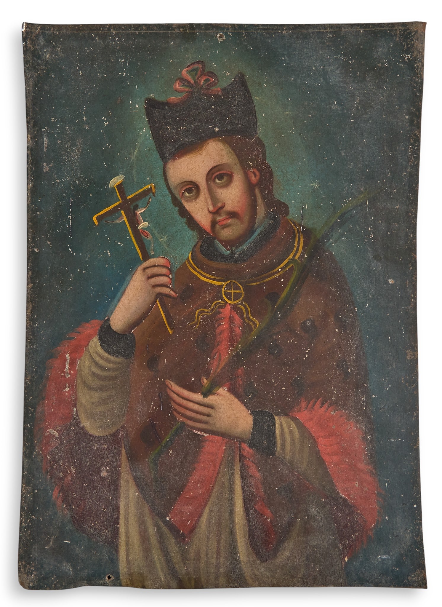 Mexican Retablo, San Juan Nepomuceno: Mexican retablo, oil on tin, depicting San Juan Nepomuceno (Saint John of Nepomuk), unframed size: 14 x 10 in. Provenance: Property from a home in San Antonio, Texas