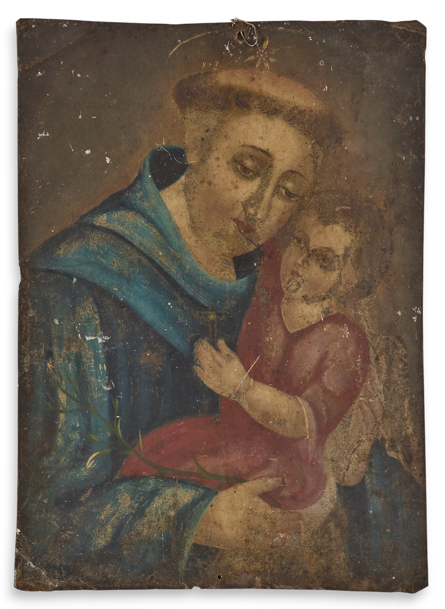 Antique Mexican Retablo, San Antonio de Padua: Antique Mexican retablo, oil on tin, depicting San Antonio de Padua (Saint Anthony of Padua), unframed size: 10 x 14 in. Provenance: Property from a home in San Antonio, Texas