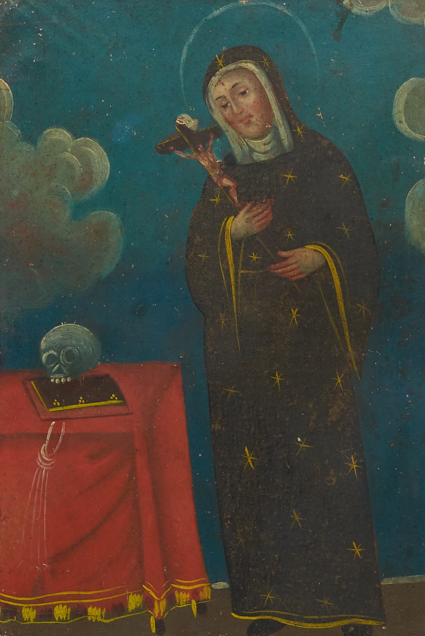 Mexican Retablo, Santa Rita de Casia: Mexican retablo, oil on tin, depicting Santa Rita de Casia (Saint Rita of Casia), in gilded frame sight: 14 x 9 in., frame: 18.5 x 15 in. Provenance: Property from a home in Uvalde, Texas