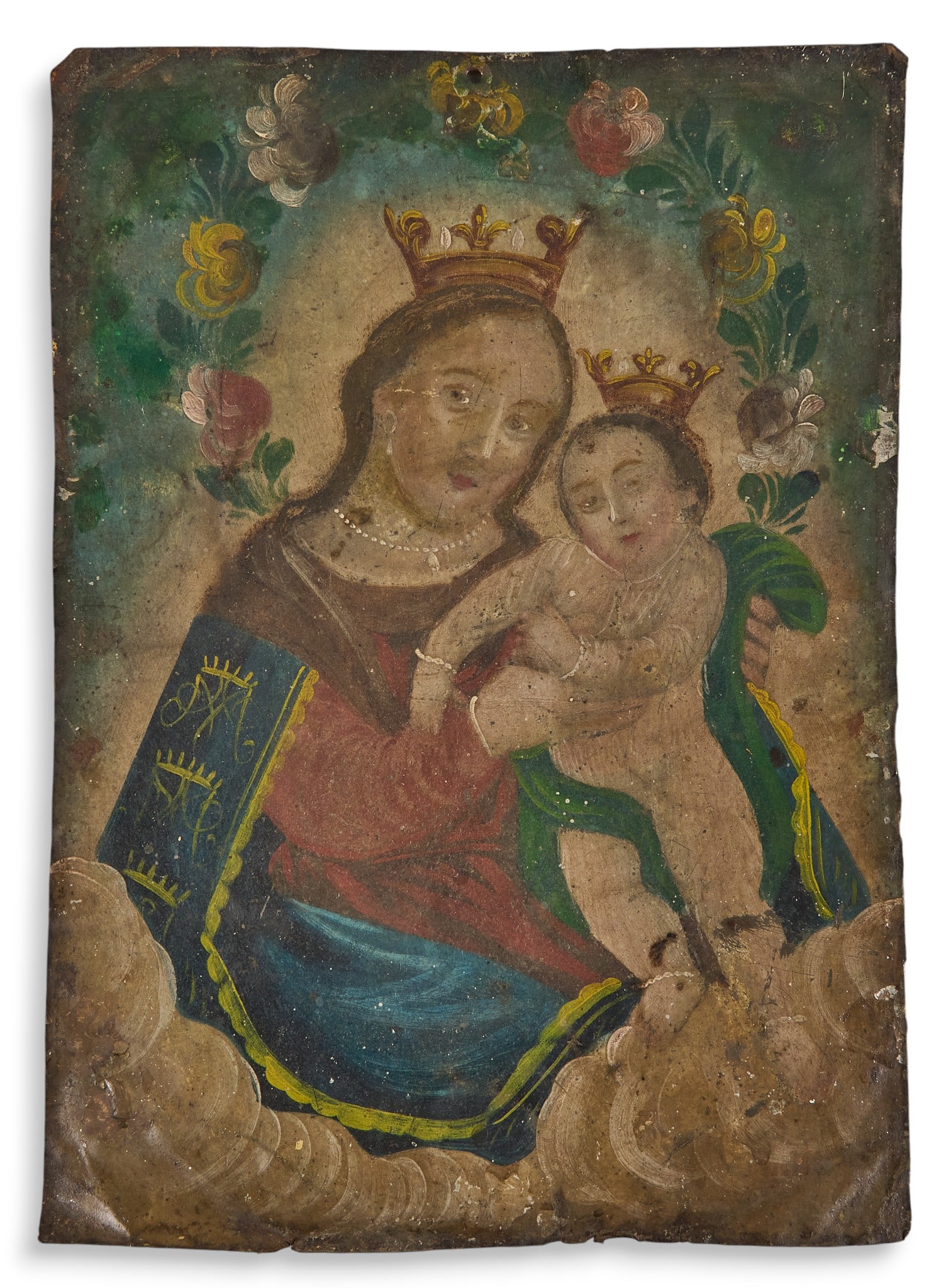 Antique Mexican Retablo, Madonna del Refugio: Antique Mexican retablo, oil on tin, depicting Madonna del Refugio (Madonna of Refuge), unframed size: 14 x 10 in. Provenance: Property from a home in San Antonio, Texas