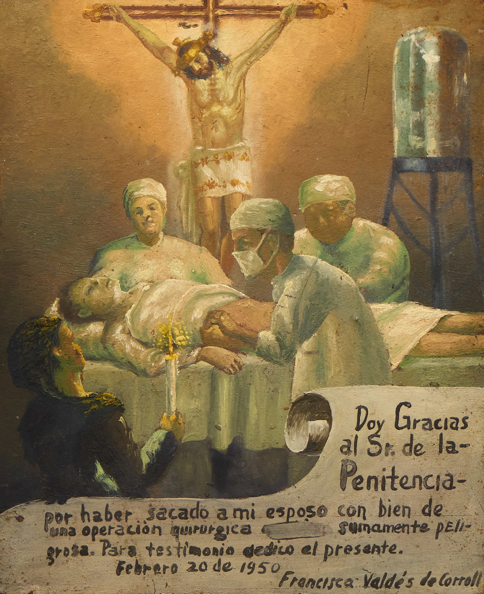 Mid-Century Ex-Voto, Surviving Surgery: Vintage hand-painted Mexican ex-voto with imagery and text depicting and describing a woman giving thanks for the divine having saved her husband from a dangerous surgical operations, with Jesus 
