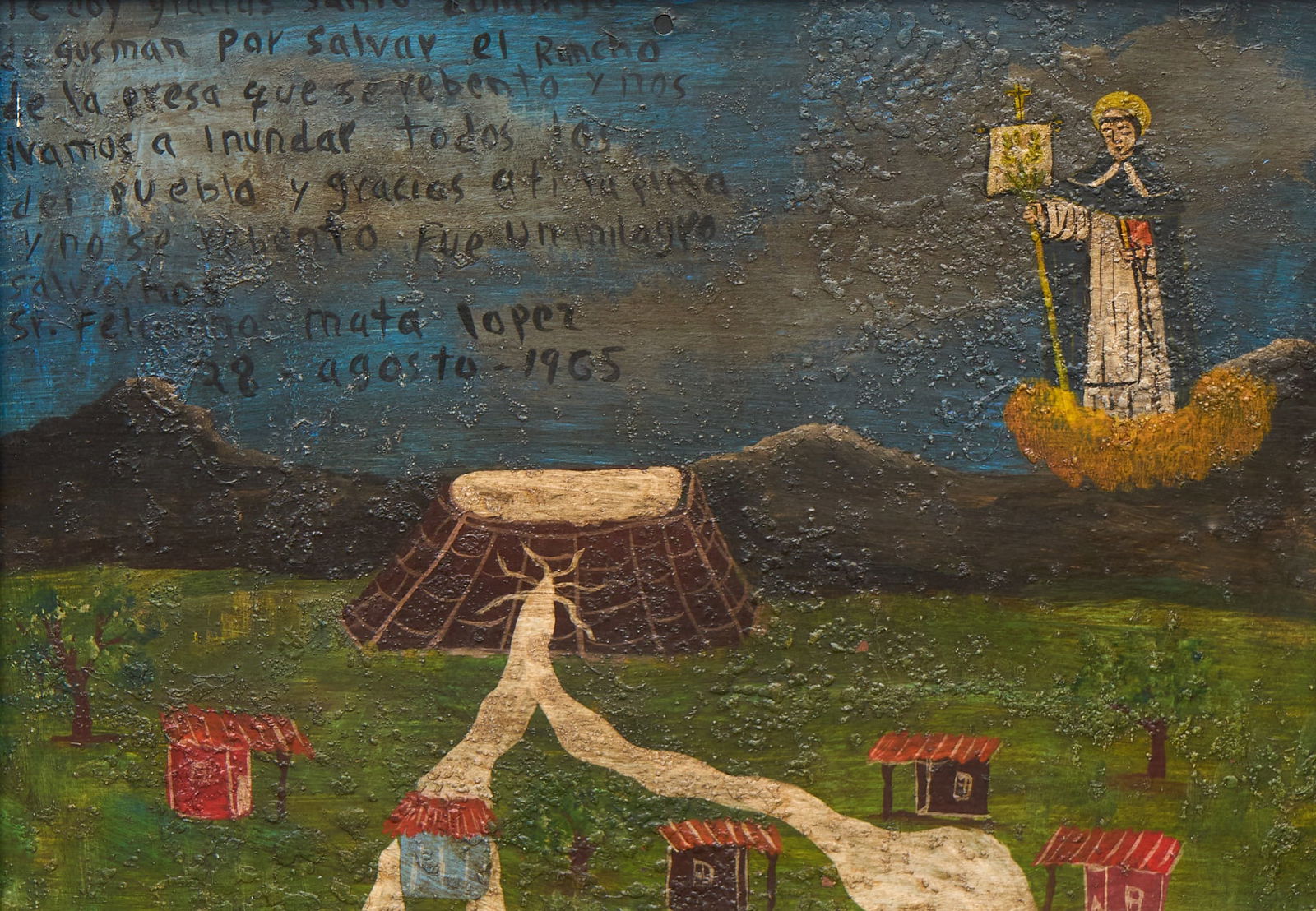 Mid-Century Ex-Voto, Dam Break: Framed vintage Mexican ex-voto with imagery and text giving thanks to Santo Domingo for not allowing a local dam to break, and saving his home and the village, signed Sr. Feliciano Mata