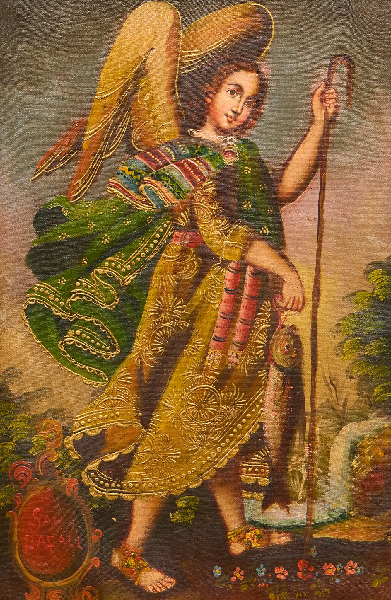 Cusco School, San Rafael: Cusco School style painting depicting the San Rafael holding his attributes of fish and shepherd's crook, oil on canvas sight: 12 x 8 in., frame: 16.5 x 12 in. Provenance: Property from a San Anto