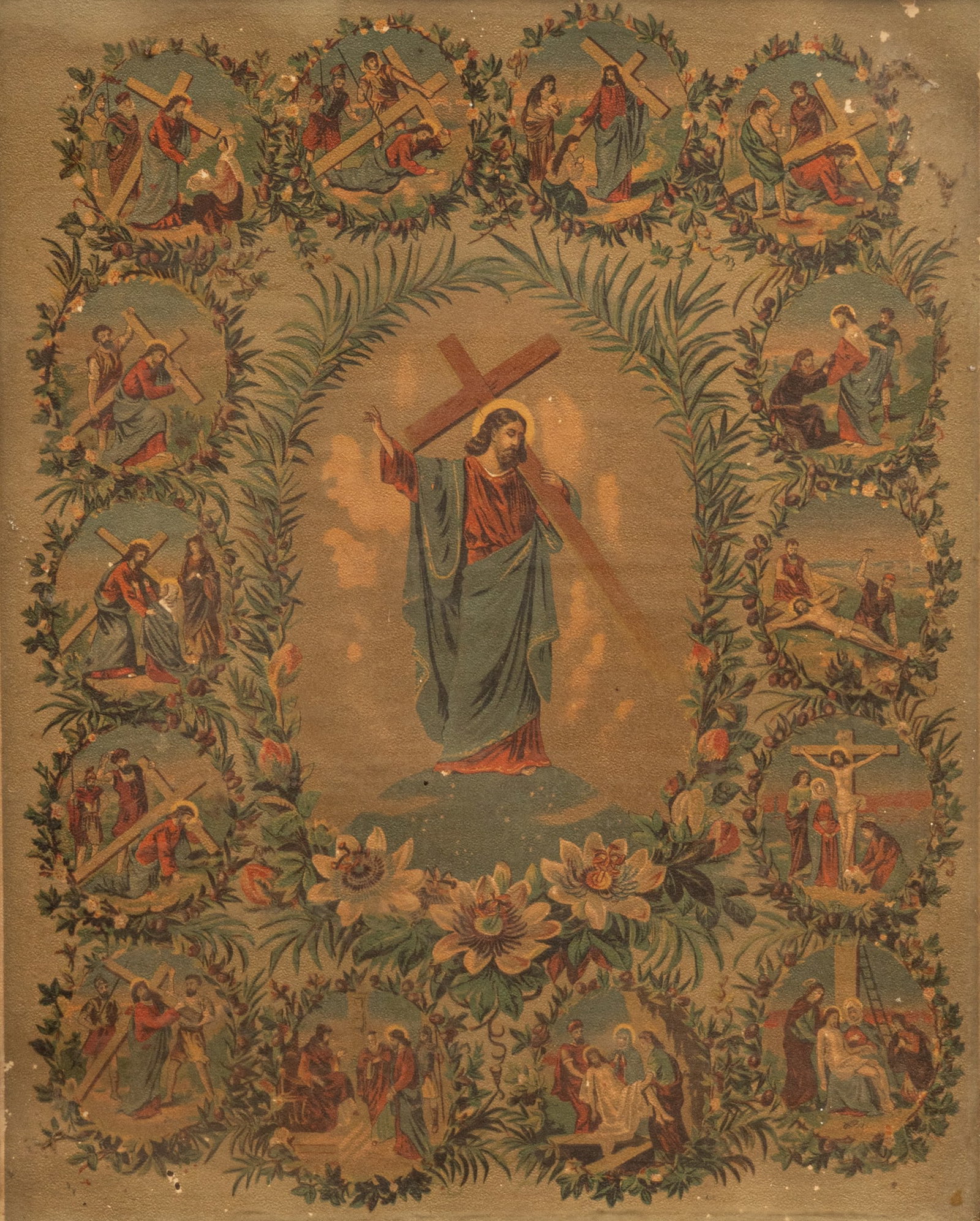 Mexican Folk Art, "Stations of the Cross": Mexican folk art depicting central Christ figure holding cross, flanked by the fourteen traditional stations of the cross sight: 20 in. x 16 in., frame: 27 in. x 23 in.