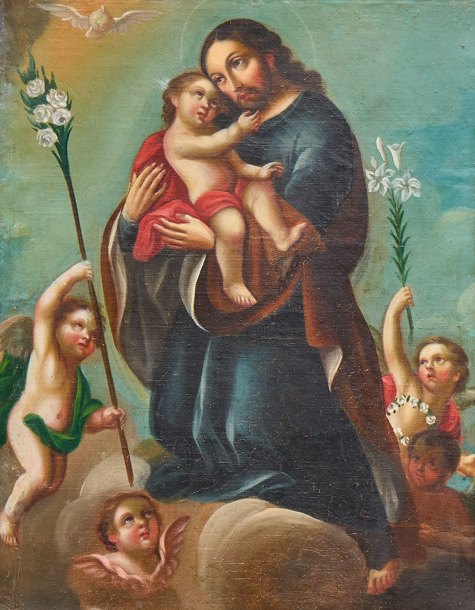 St. Joseph and the Christ Child, 19th C.: Spanish Colonial Mexico, early 19th century, St. Joseph and the Christ Child with cherubs holding the calla lily and white lily symbolizing purity, innocence, rebirth, and renewal, oil on canvas, in f
