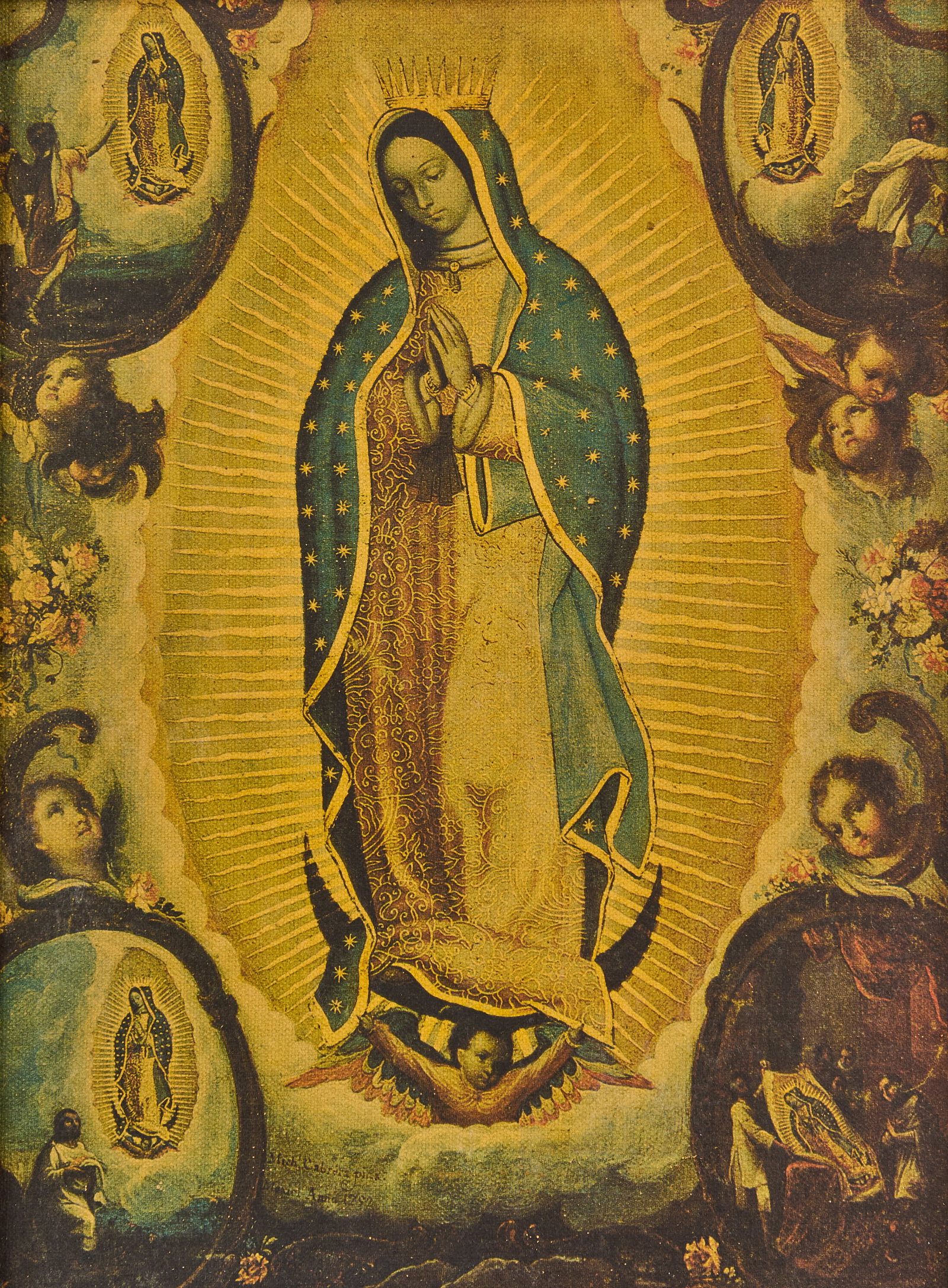 Virgen De Guadalupe Print: Virgen de Guadalupe (Virgin of Guadalupe) print, housed in an antique frame with paint remnants height 21.5 in. x width 18 in. x depth 2.25 in. Provenance: Property from a home in Leon, Guanajuato, Me