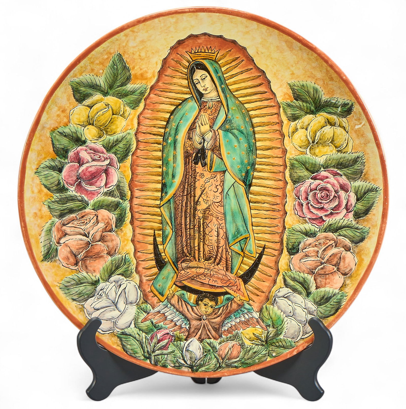 Santa Rosa Mayolica Virgin of Guadalupe Charger: Santa Rosa Mayolica ceramic charger depicting the Virgin of Guadalupe surrounded by roses, marked on back "Mayolica Santa Rosa Guanajuato Hecho en Mexico" diameter 18 in. x depth 1.5 in.&nbs
