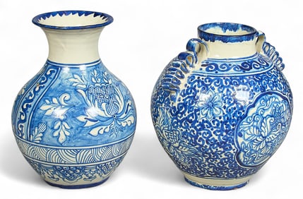 (2) Large Blue and White Talavera Vases