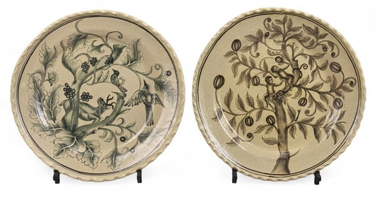 Pair of Large Painted Ceramic Chargers with Stands