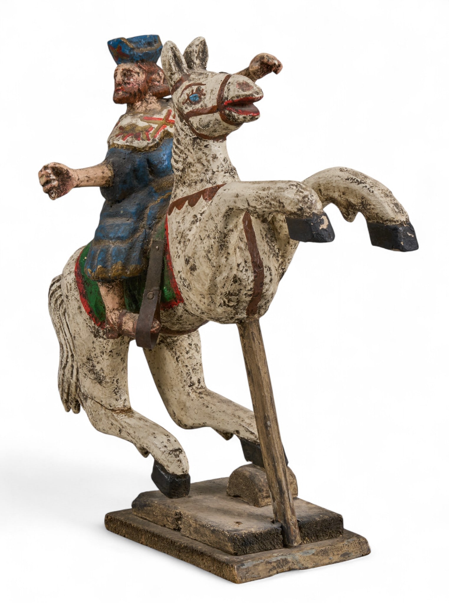 Horseman on Horse: Vintage hand-carved and painted wooden Tlaquepaque (Jalisco) horse and rider, circa 1980s Provenance: Property from the noted Latin American arts collection of David & Linda Caplan of Tucson