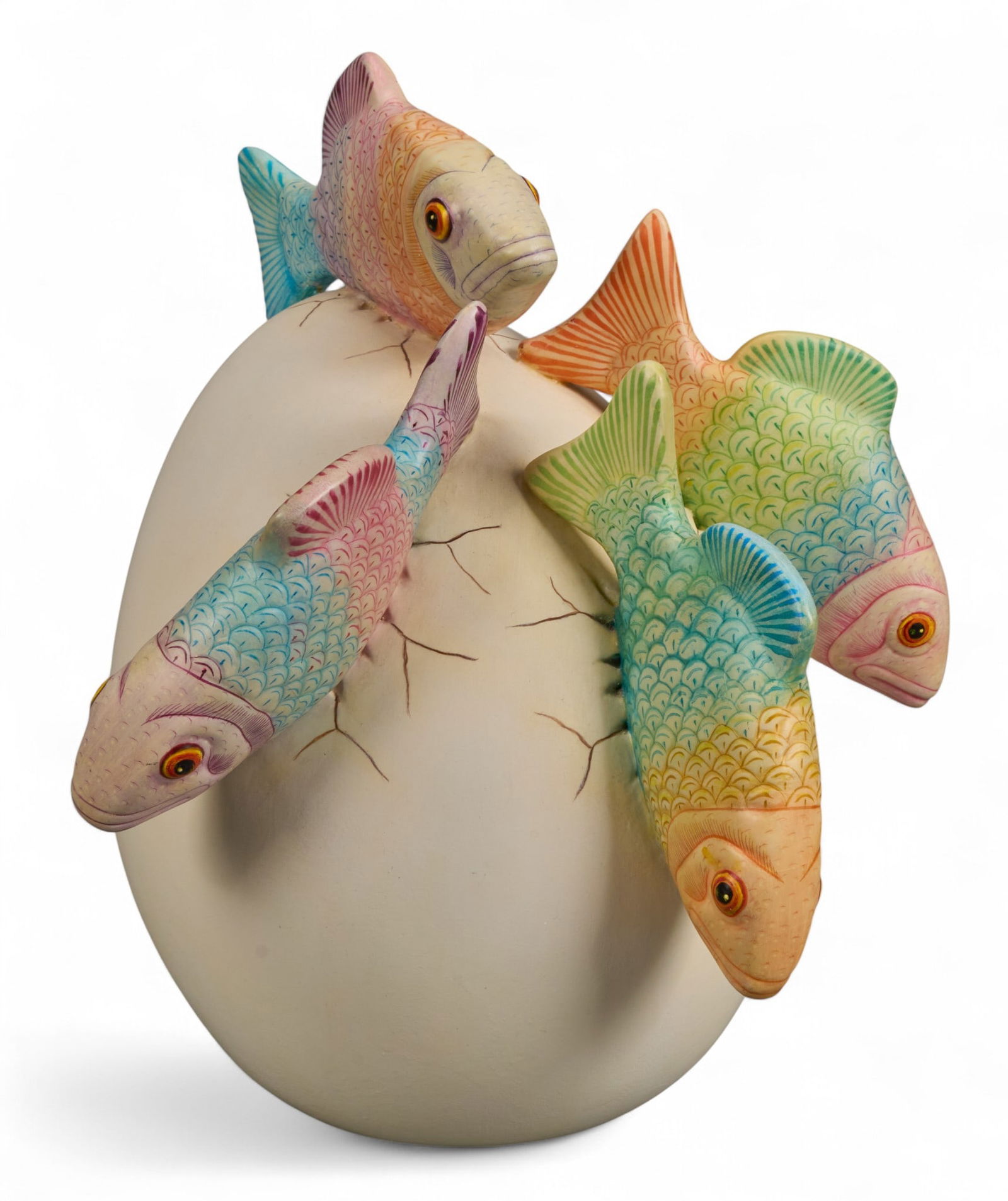 Sergio Bustamante, Fish Egg: Sergio Bustamante (Culiacan, Sinaloa, Mexico, b. 1949), bisque ceramic whimsical sculpture depicting egg with fish, circa 1980s, signed on top height 11 in. x width 10 in. x depth 10 in. Provena