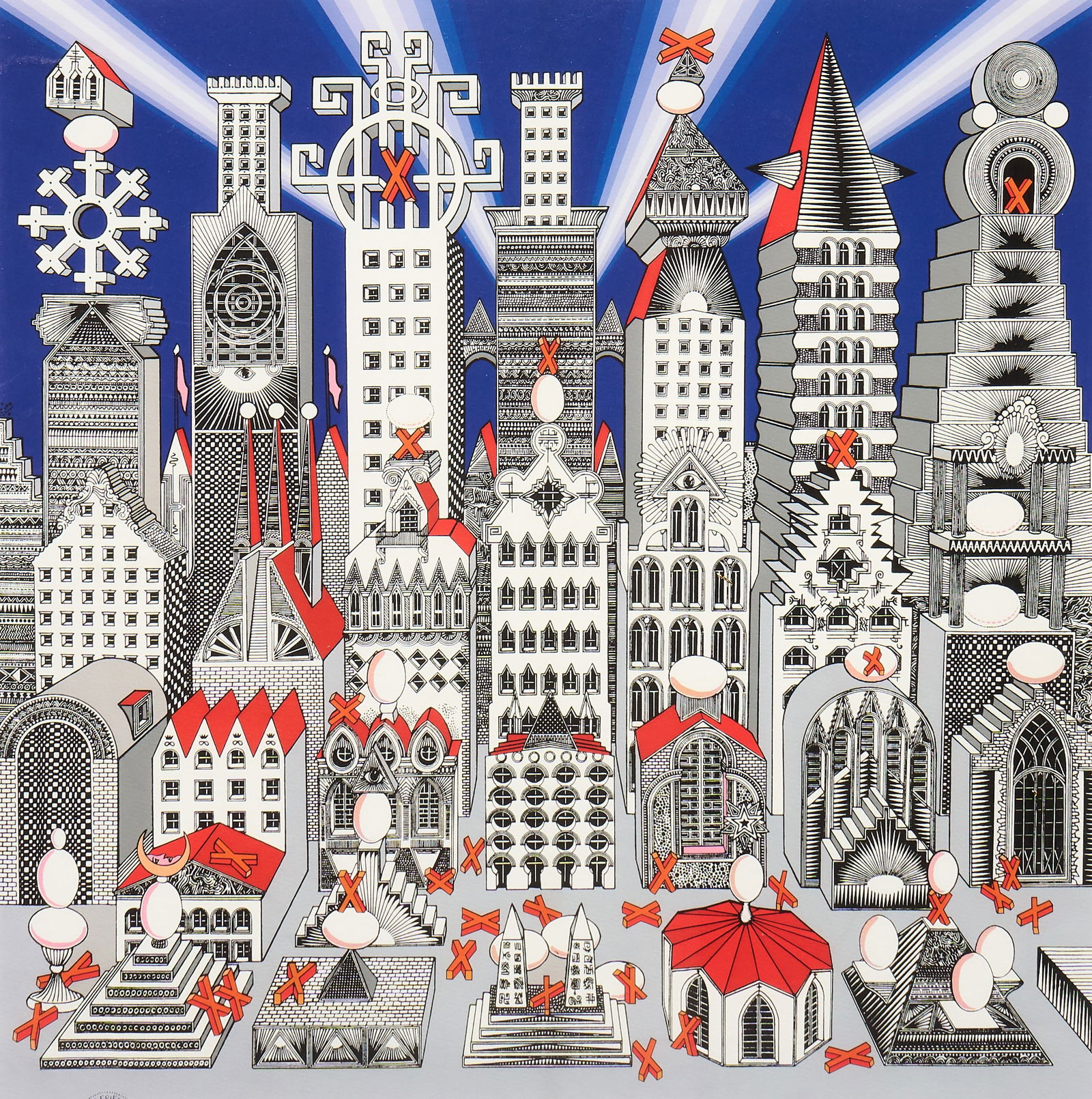Pedro Friedeberg, "Ciudad de Un Millon de Huevos y Veinticinco Duros": Pedro Friedeberg (New York / Texas / Mexico / Italy, b. 1936), "Ciudad de Un Millon de Huevos y Veinticinco Duros", signed and numbered screenprint in color, ed. 40/50, with demilune Pedro F