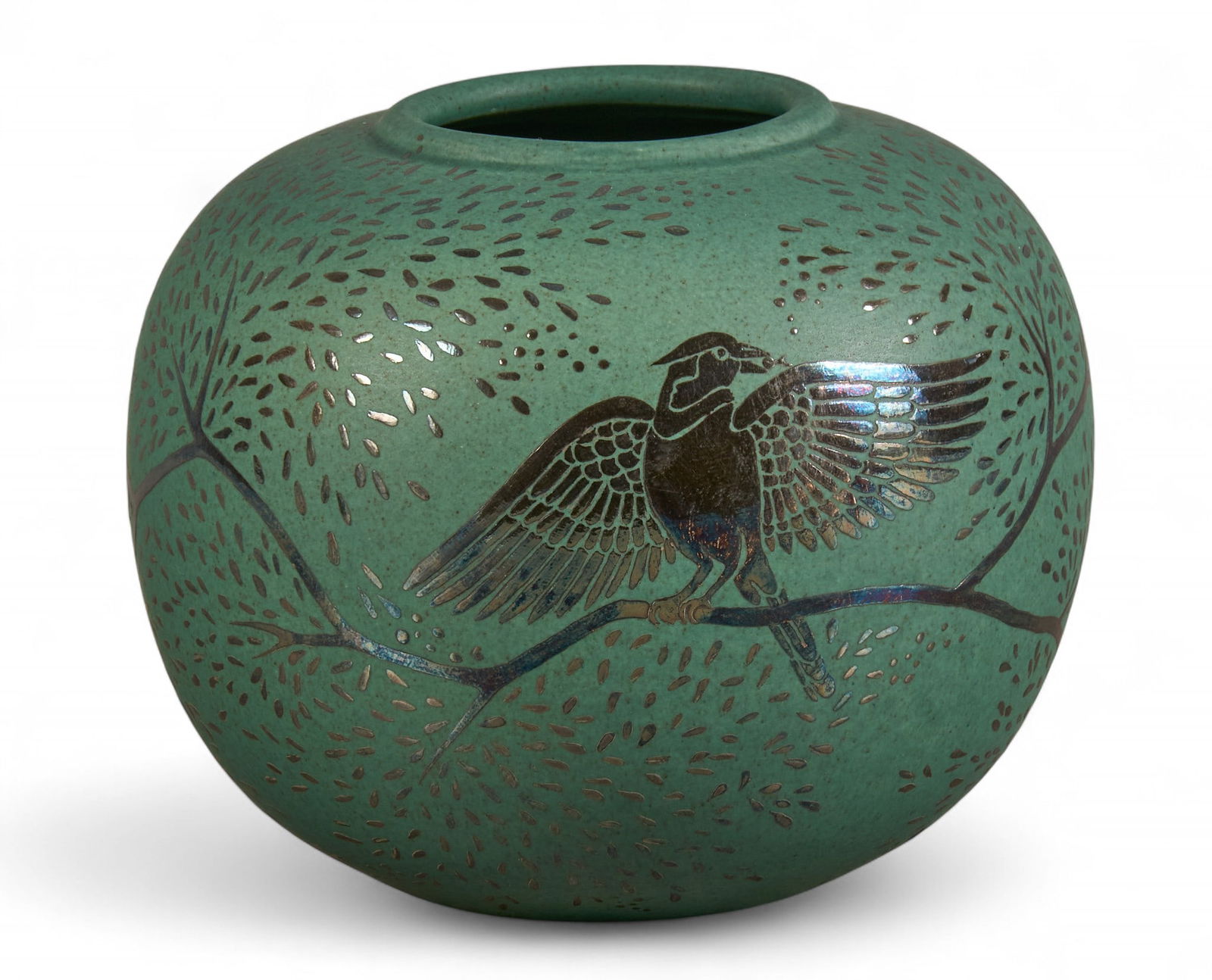 Emilia Castillo, Green Vase: Emilia Castillo (Taxco, Mexico, b. 1958), ceramic green vase, with sterling silver bird motif overlay, signed "Emilia Castillo Plata Pura Mexico" to bottom height 5 in. x diameter 6&nbs