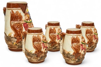 Vintage Bas-Relief Pitcher and Mug Set