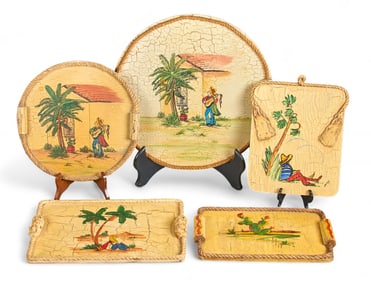 (5) Vintage Crackle Wood Plaques and Trays