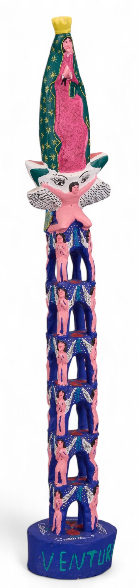Ventura Fabian, Wooden Angel Tower: Ventura Fabian (Oaxaca, Mexico) carved and painted wooden tower of angels, crowned with Virgen de Guadalupe, signed on base "Ventura Fabian" height 32.5 in. x width 5 in. x d
