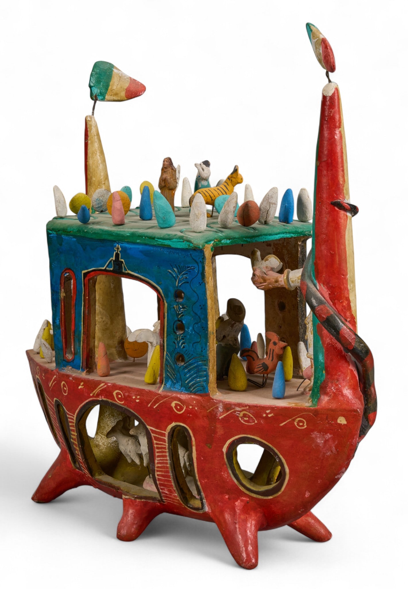 Cadelario Medrano, Noah's Ark Tableau: Cadelario Medrano (Santa Cruz de La Huertas, Jalisco, 1918-1986) hand-modeled and painted tableau depicting Noah's Ark height 17 in. x width 17 in. x depth 7 in. Provenance: Property from th