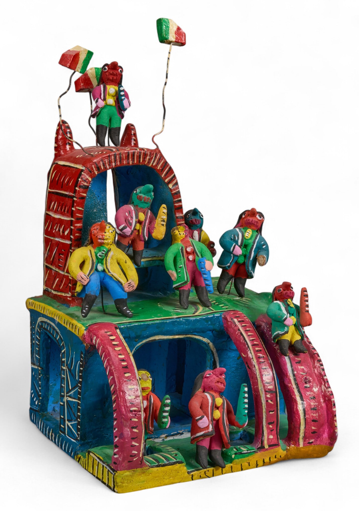 Cadelario Medrano, Tastoanes Tableau: Cadelario Medrano (Santa Cruz de La Huertas, Jalisco, 1918-1986) hand-modeled and painted tableau depicting buidling with tastoanes theme, a traditional Mexican ritual involving masked dancers wh