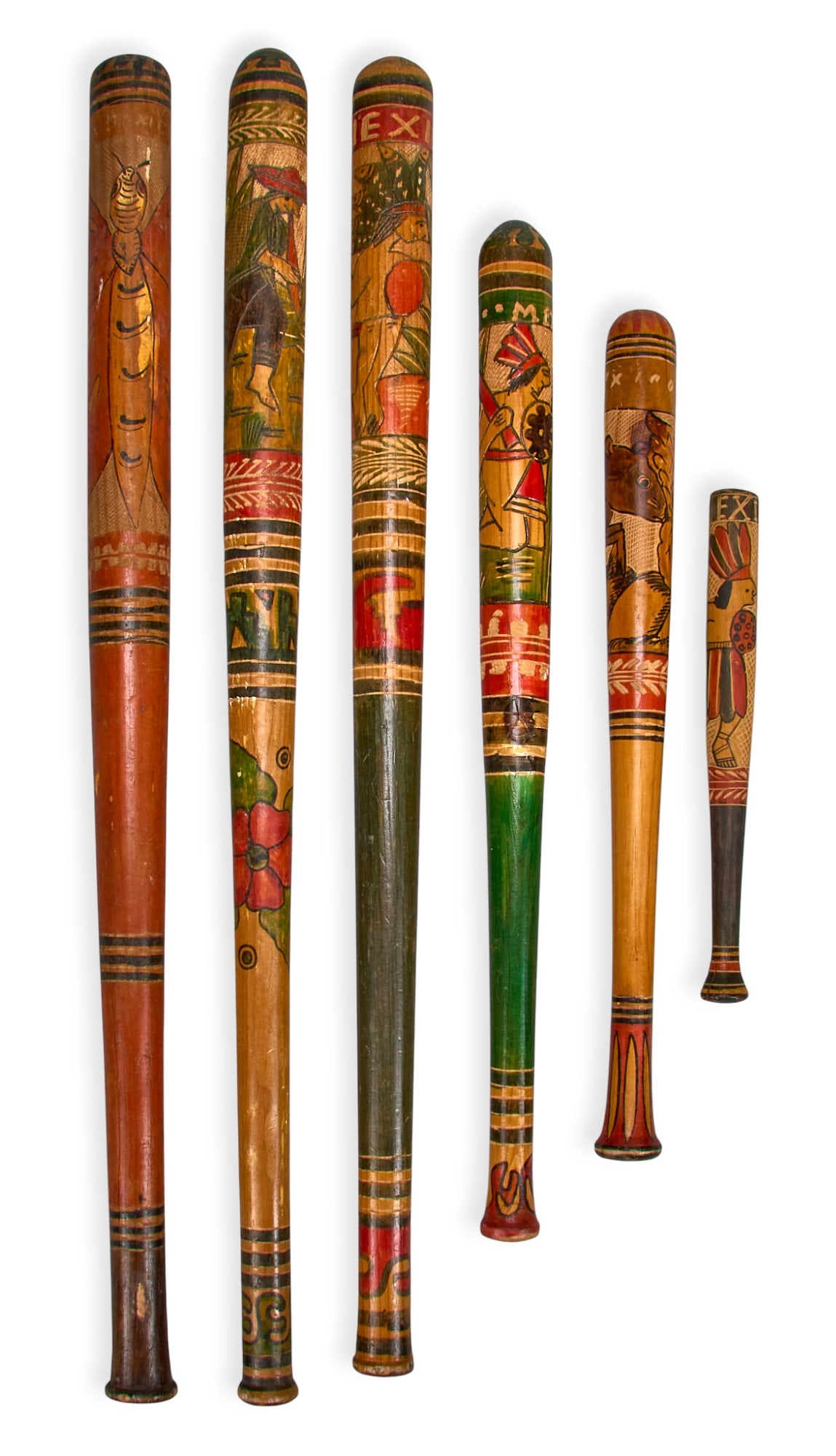 (6) Pinata Bats: Six pinata bats, in various sizes, hand-carved and painted, circa 1930s-1940s length 30.5 in. x diameter 1.5 in. / largest Provenanc