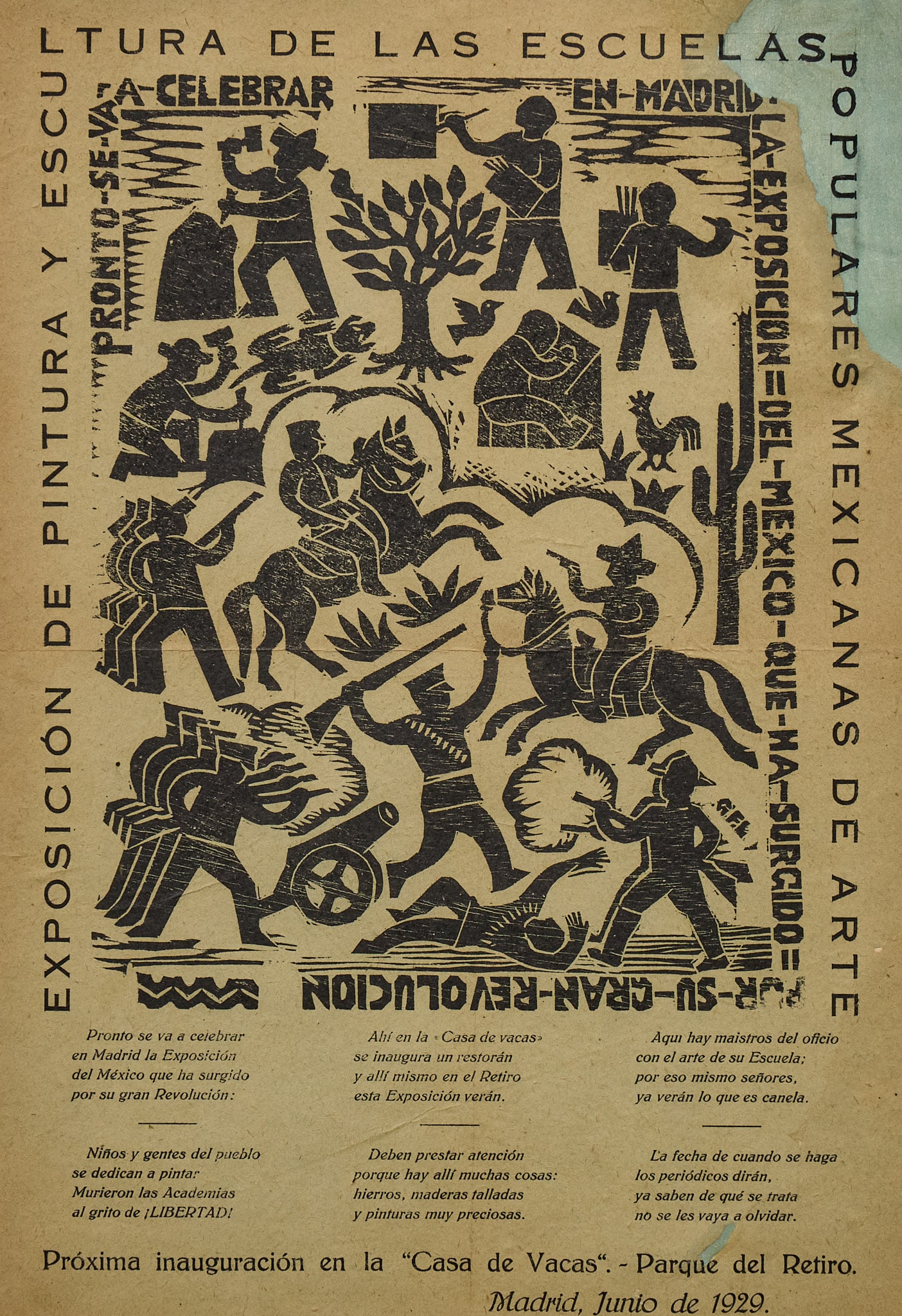 Gabriel Fernandez Ledesma, 1929 Exposition Woodcut: Gabriel Fernandez Ledesma (Aguascalientes, Mexico, 1900-1983), woodblock print created to promote a 1929 exhibition in Madrid, woodcut reading "Pronto se va a celebrar en Madrid, la exposici