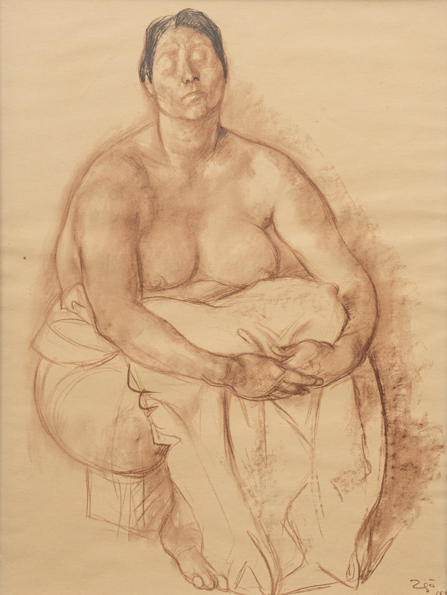 Francisco Zuniga, Seated Woman: Francisco Zuniga (Mexico, 1912-1998), mujer sentada, image of seated woman, lithograph on paper, 1973 image: 23 x 16.5 in., frame: 33.5 x