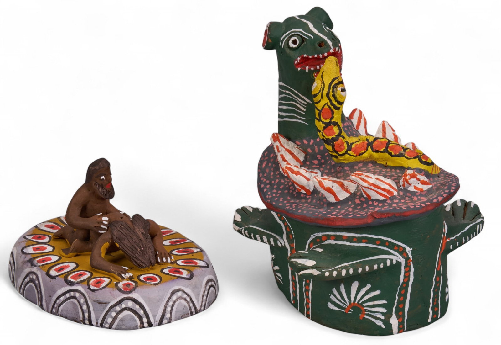 Erotic Ocumicho Tableau: Erotic Ocumicho (Michoacan) tableau with green sea monster and yellow snake lid, circa 1980s height 8 in. x width 4.5 in. x depth 6.5 in.