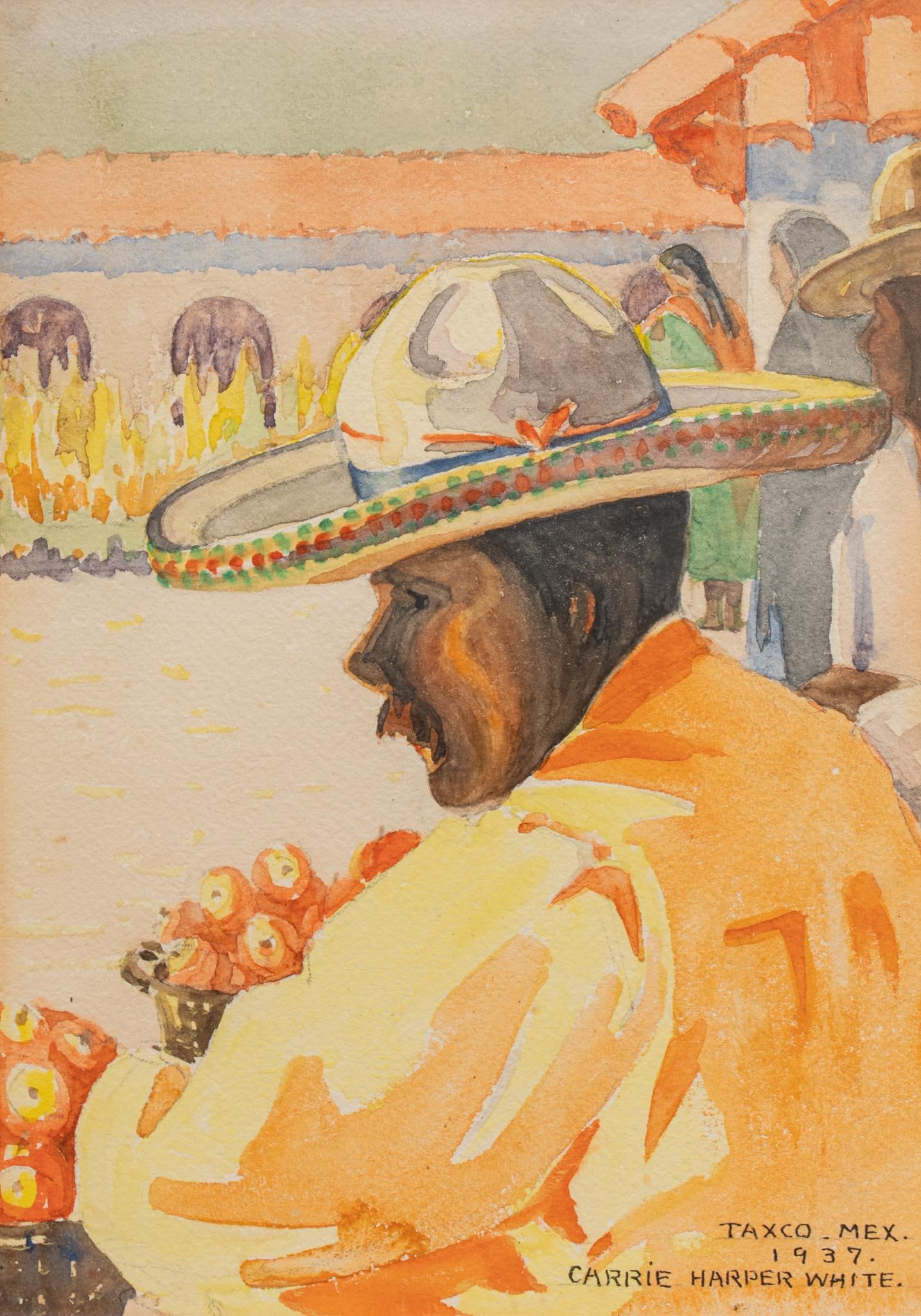 Carrie Harper White, "The Apple Vendor", 1937: Carrie Harper White (Texas / Michigan, 1875-1969), "The Apple Vendor", (Alternate title: "The Texmalucan Indian") 1937, watercolor sight: 10 x 7 in., frame: 17 x 14 in. Proven