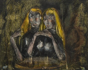 Mid-Century Painting, Two Women at Table