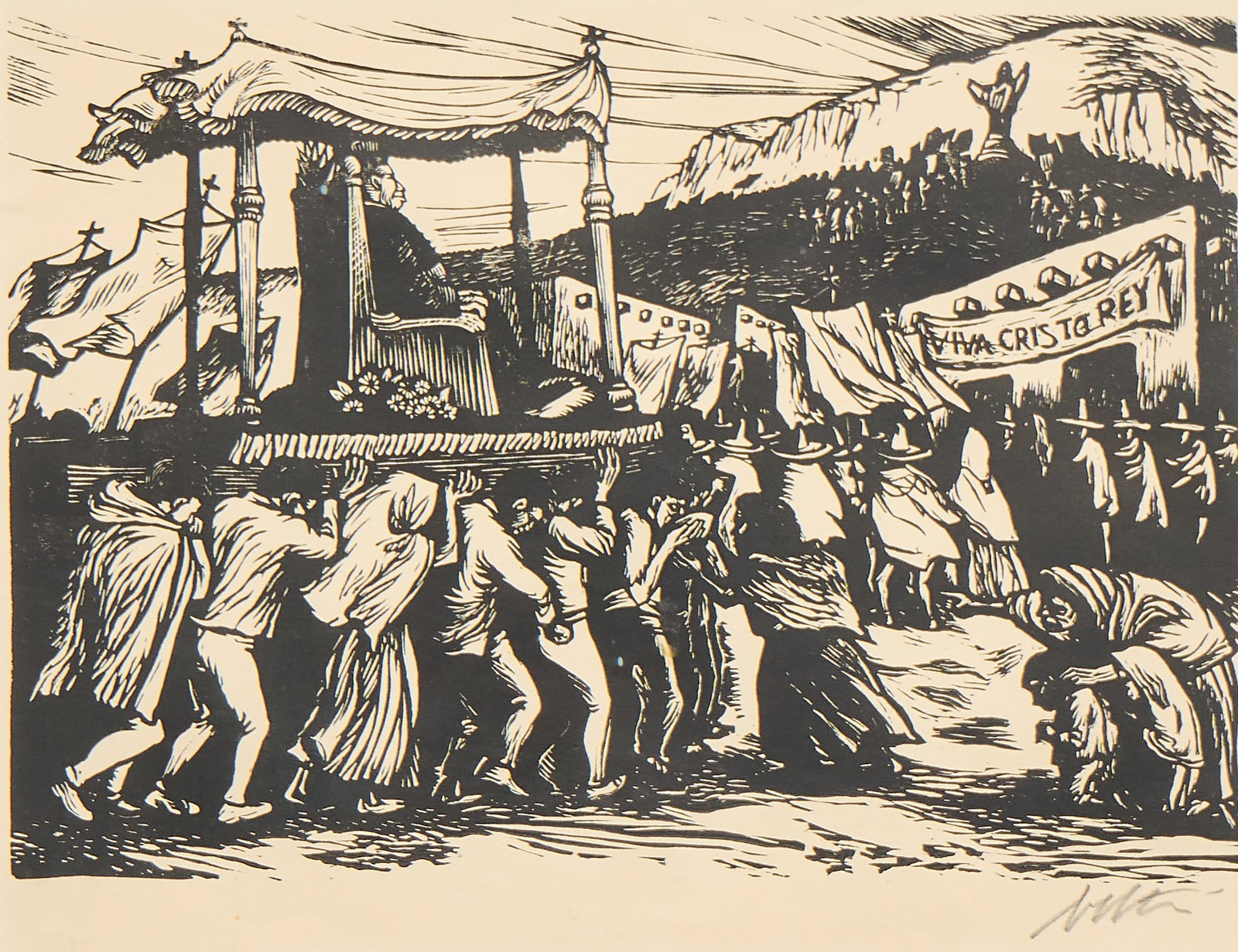Alberto Beltran, Woodblock Print: Alberto Beltran, Member of Taller de Grafica Popular in Mexico (1923-2002), woodblock print depicting the apostolic representative being carried
