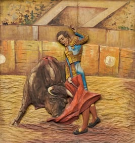 Wooden Bullfight Bas-Relief