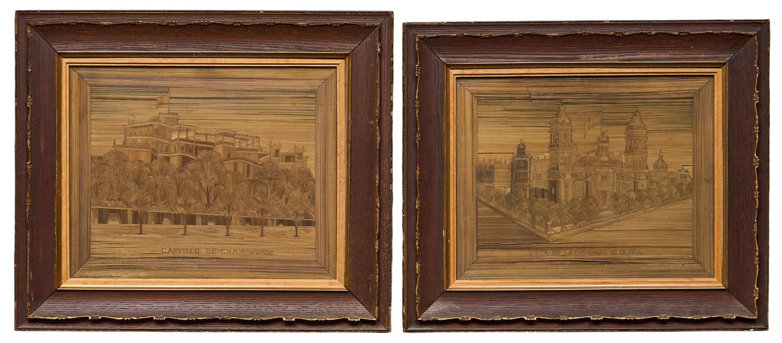 Pair of Mexican Popotillio Mosaics: Pair of Mexican Popotillio straw folk art mosiacs, depicting with Castillo de Chapultepec (Chapultepec Castle, Mexico City, Mexico), and Vista de La Catedral de Mexico (Mexico City Metropolitan C