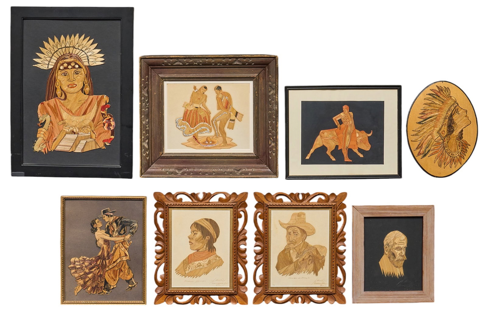 (8) Mexican Popotillio Mosaics: Eight Mexican Popotillio straw folk art portrait mosiacs, with designs acheived by laying numerous strands of dyed straw, circa 20th century height 21.75 in. x width 15.75 in. / largest Provenan