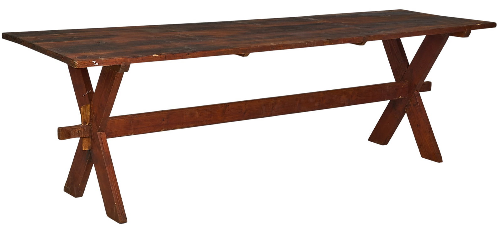 Farmhouse Table: Farmhouse table with X-frame legs, and stretcher height 31.5 in. x width 105 in. x depth 30.5 in.