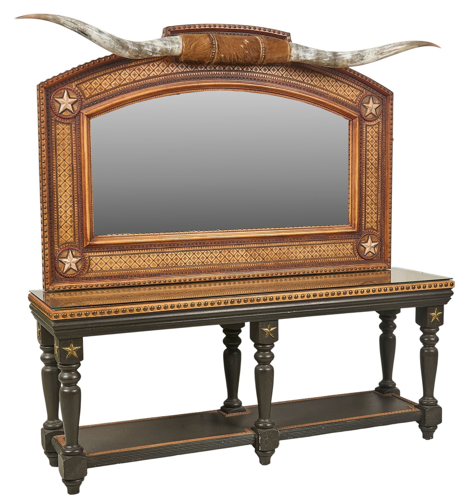 Custom Leather Console Table & Mirror: Custom-made console table and mirror, by Carlos Machado, table and mirror both composed of hand-crafted leather and wood, featuring Texas star motifs and nailhead trim, with central bull horn cre
