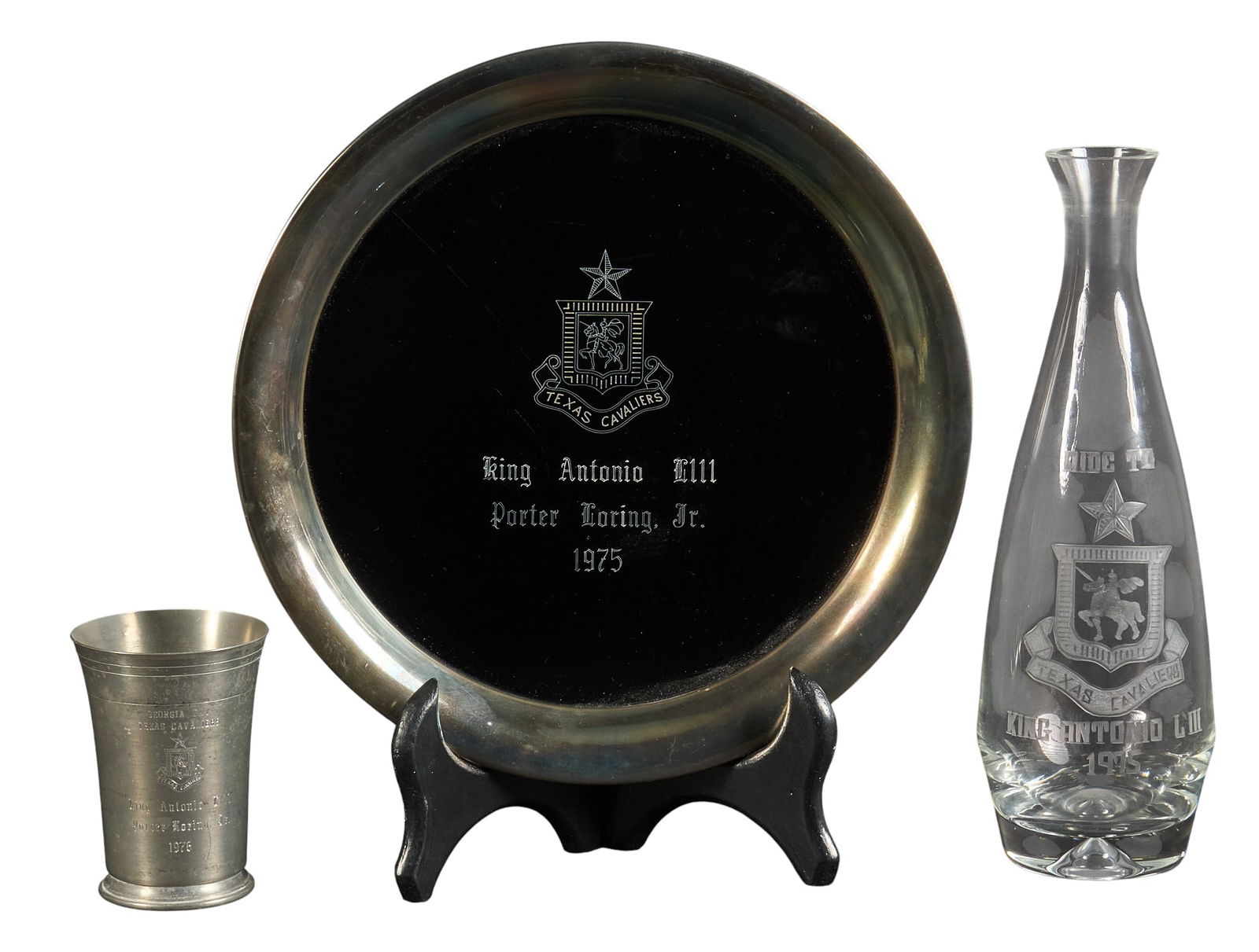 King Antonio Porter Loring Tray, Carafe, and Cup: King Antonio LIII pewter tray and cup, with glass carafe, all marked with Texas Cavaliers emblem, and marked "King Antonio LIII" and "Porter Loring Jr., 1975" height 12 in. x diame