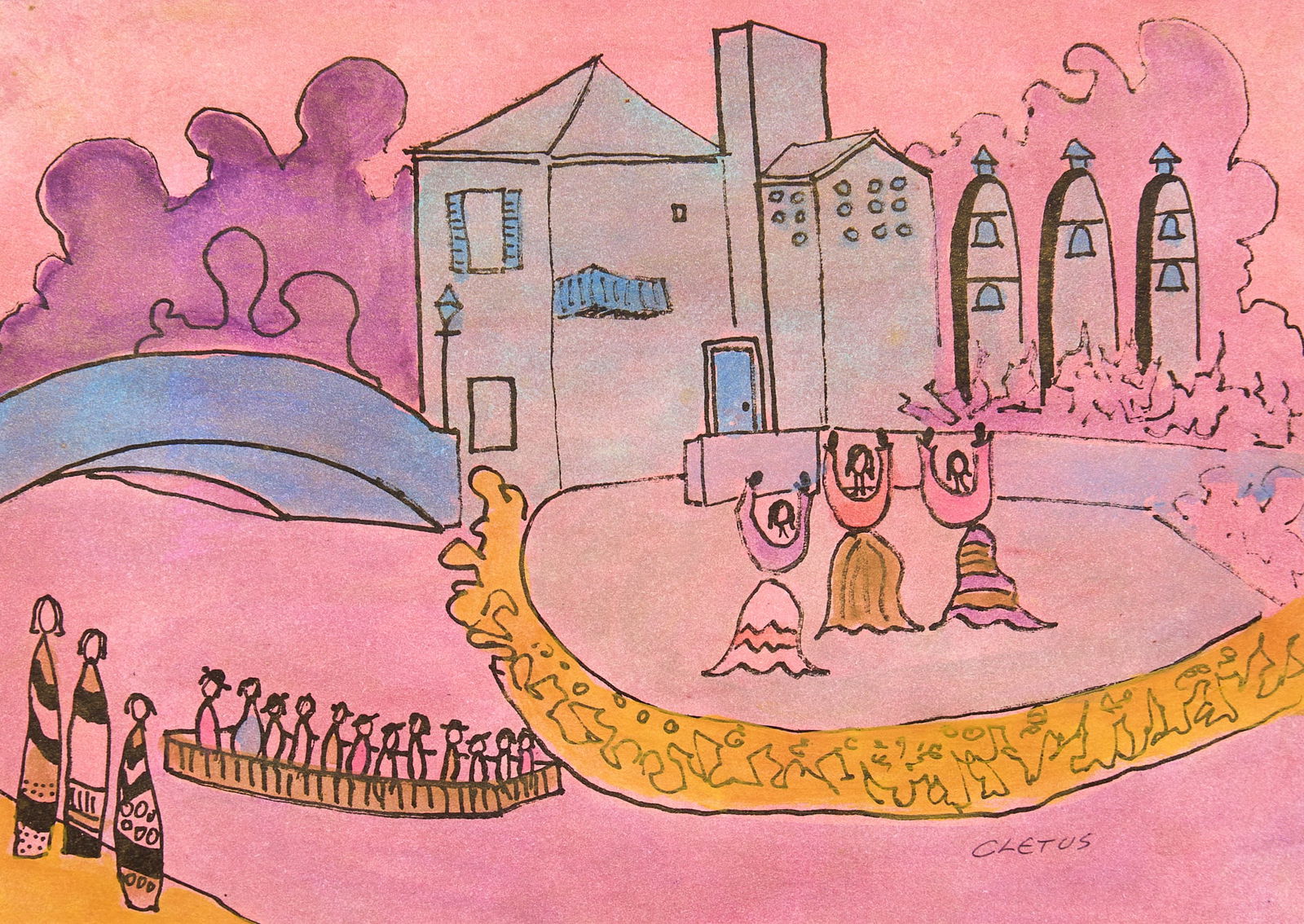 Brother Cletus Behlmann, The Arneson River Theatre: Brother Cletus Behlmann, view of the Arneson River Theatre, mixed media (ink and watercolor) on paper or card, with Mother's Day dedication by Cletus written on verso, signed