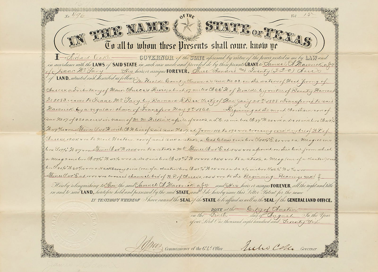 1876 Texas Land Grant Signed by Richard Coke & Samuel Maverick (1 of 4)