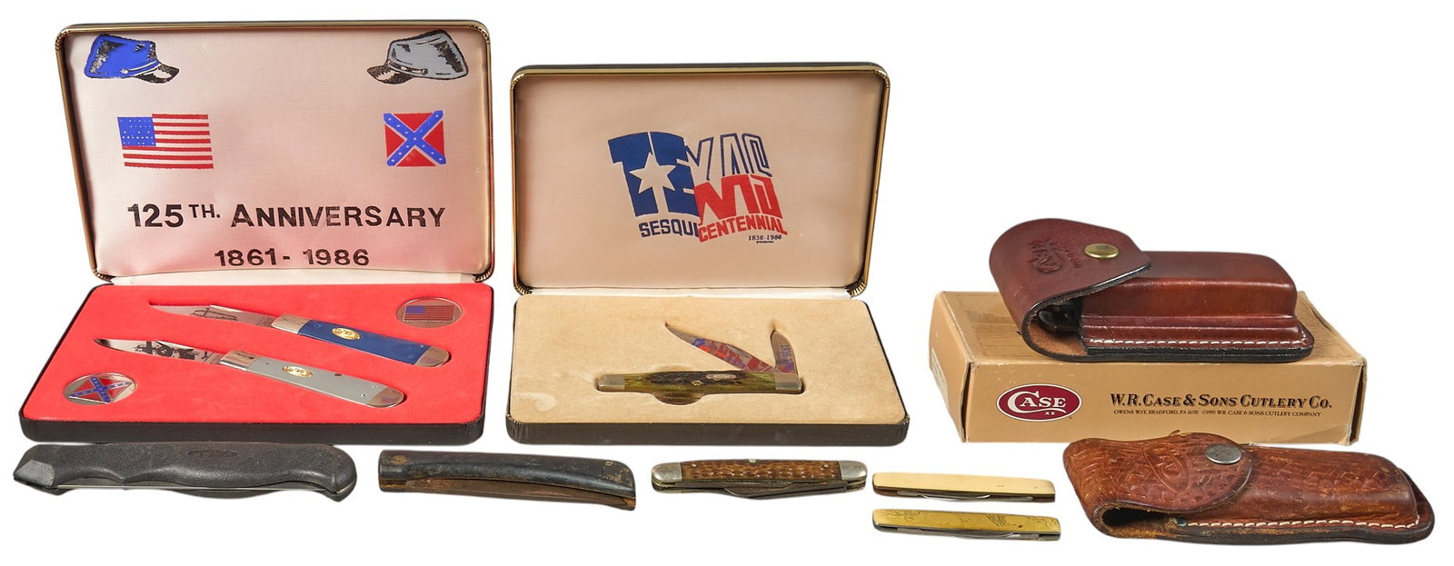 Collection of 9 Mixed Case XX Knives: Collection of mixed Case XX knives Includes: -Texas Sesquicentennial SS G6292 #3590; Civil War 125th Anniversary set #0348 (SS GR199 1/2; SS BL199 1/2); 6347HP pocket knife; 278 w/ ocean & lightho