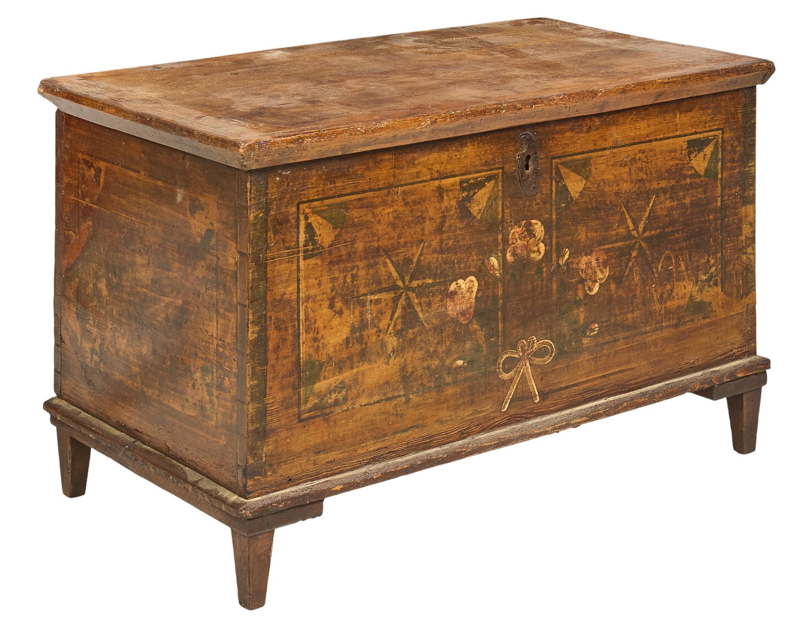 Rustic Wedding Chest: Rustic wedding chest with hinged lid, various motif remnants, and block legs height 26 in. x width 43 in. x dpeth 25 in.