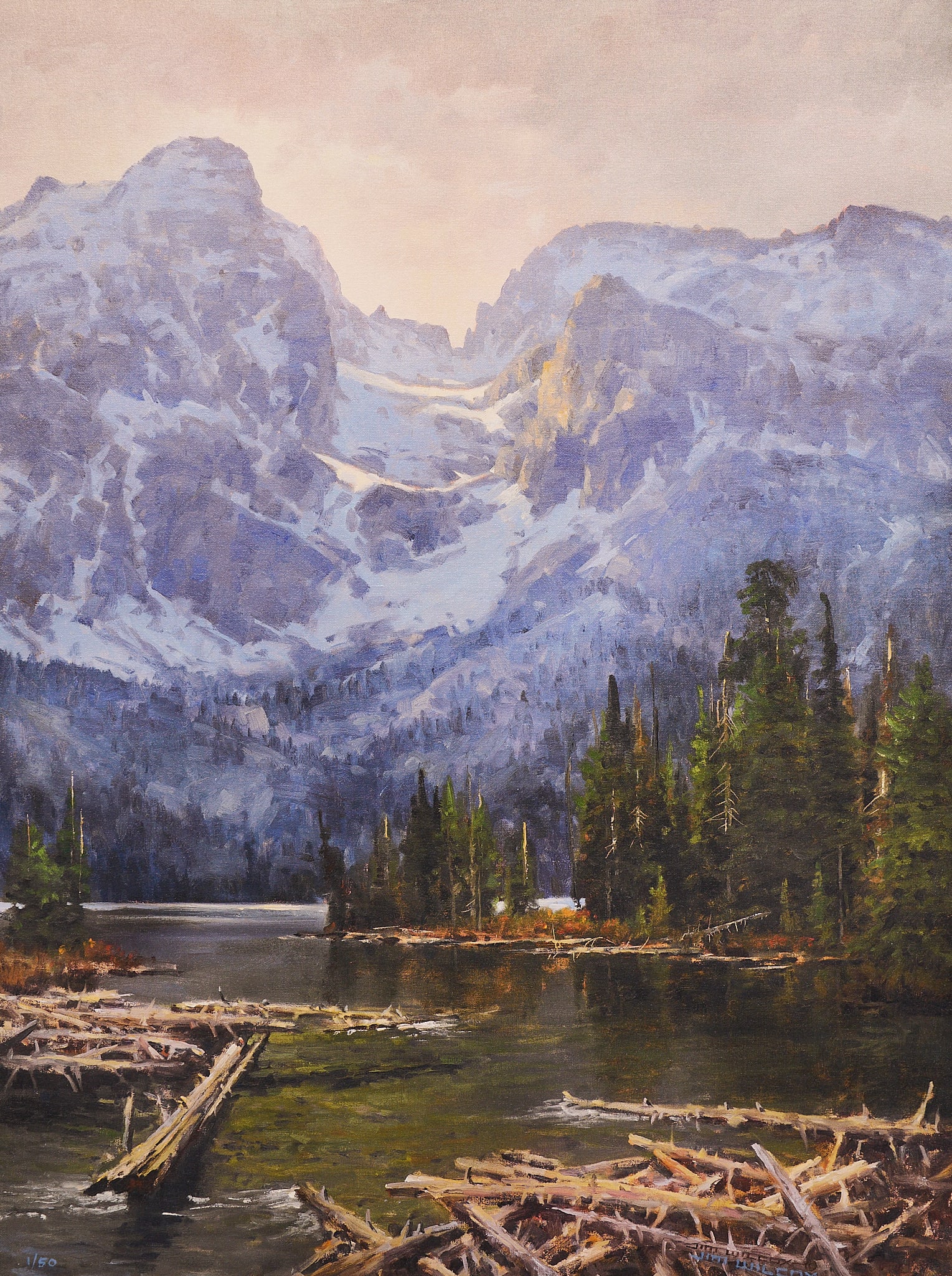 Jim Wilcox, "String Lake Shores": Jim Wilcox (Wyoming, b. 1941), "String Lake Shores", (String Lake, Grand Teton National Park in Wyoming), signed and numbered giclee print on canvas, signed lower right, ed. 1/50 sight: 40 x