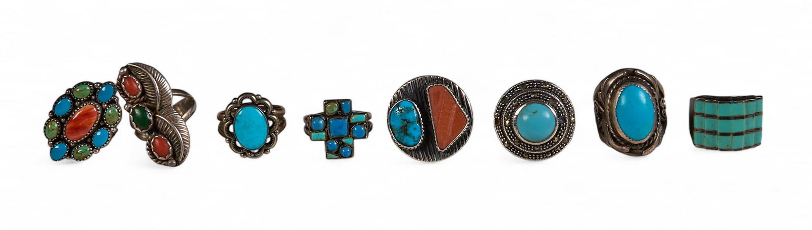 (8) Inlaid Turquoise & Coral Rings (1 of 8)