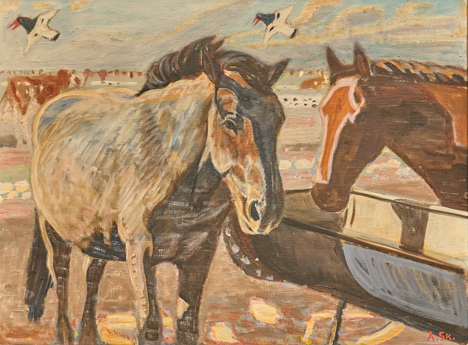 Vintage Horses Painting: Vintage painting of horses at trough, oil on canvas, signed with initials at lower right sight: 24 x 32 in., frame: 29 x 37 in. Provenance: Property from a home in San Antonio, Texas