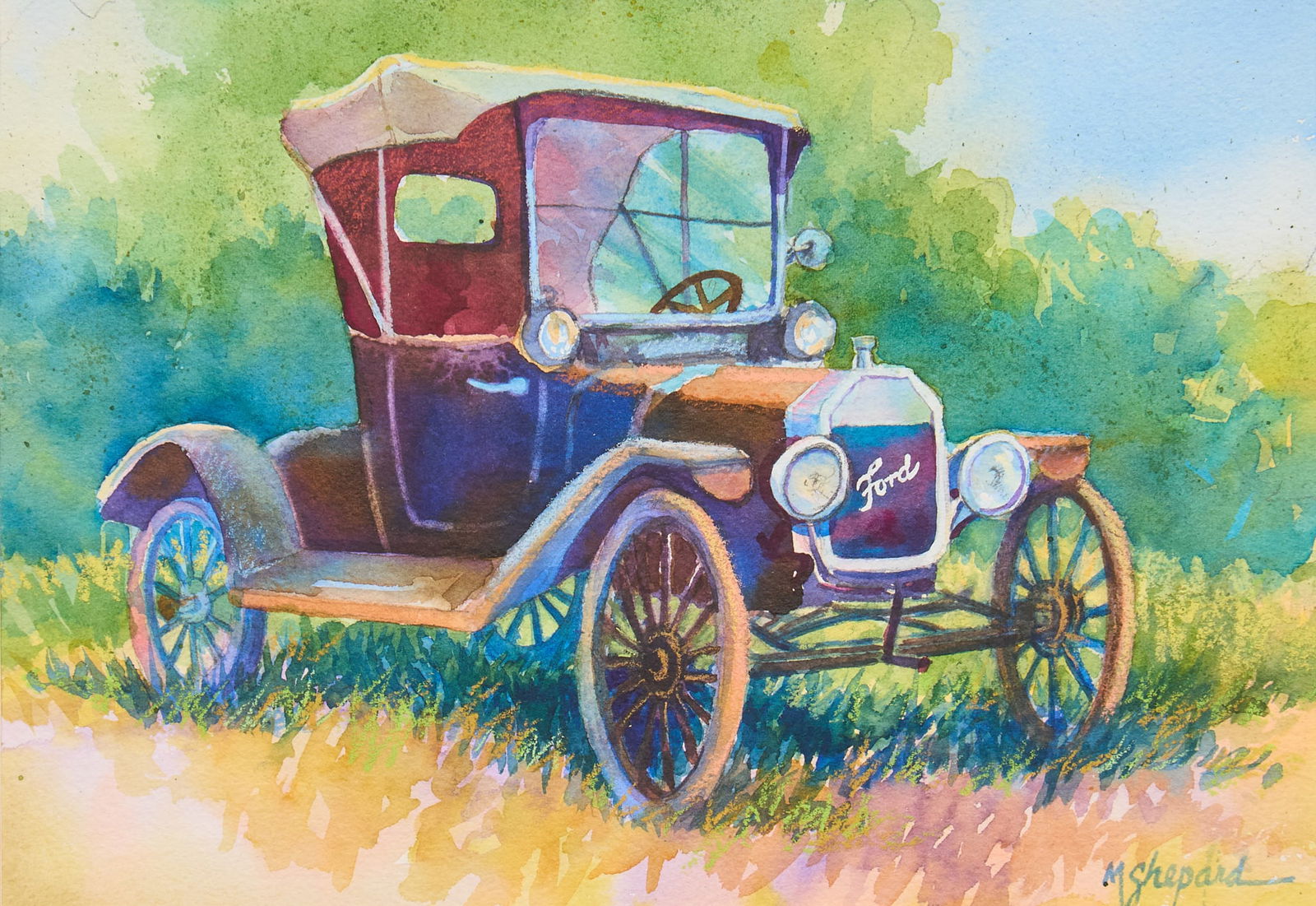 Mary Shepard, "1915 Roadster": Mary Shepard (Amer., 20th-21st C.), "1915 Roadster", watercolor on artist paper, signed lower right sight: 8 x 12 in., frame: 14.5 x 18.5 in. Provenance: Property from a home
