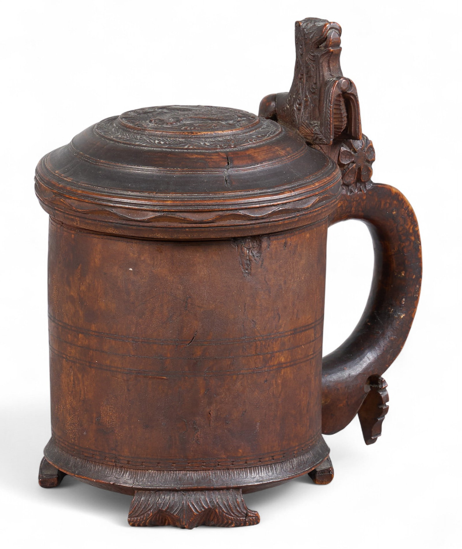 Scandinavian Birchwood Tankard: A Scandinavian birchwood tankard with a carved lid and handl height 9.5 in. x width 9 in. x depth 6.5 in. Provenance: Property from a home in San Antonio, Texas 