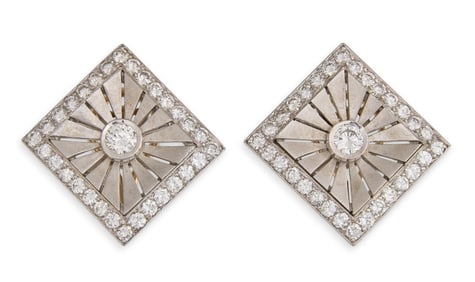 Art Deco Platinum & Diamond Sunburst Earrings