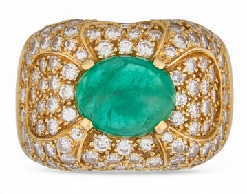 18K Cabochon Emerald and Diamond Ring
