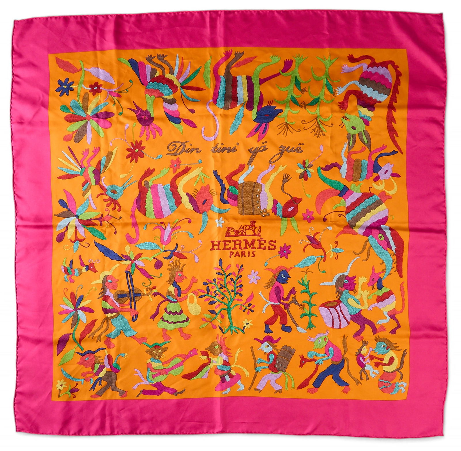 Hermes "Zin Tini Ya Zue" Silk Scarf: Hermes "Zin Tini Ya Zue" silk scarf, includes separate small Hermes box of "Cartes a Nouer" knotting cards, and original Hermes box and tissue Square 34.5 in. C