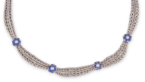 18K White Gold Diamond Sapphire Necklace