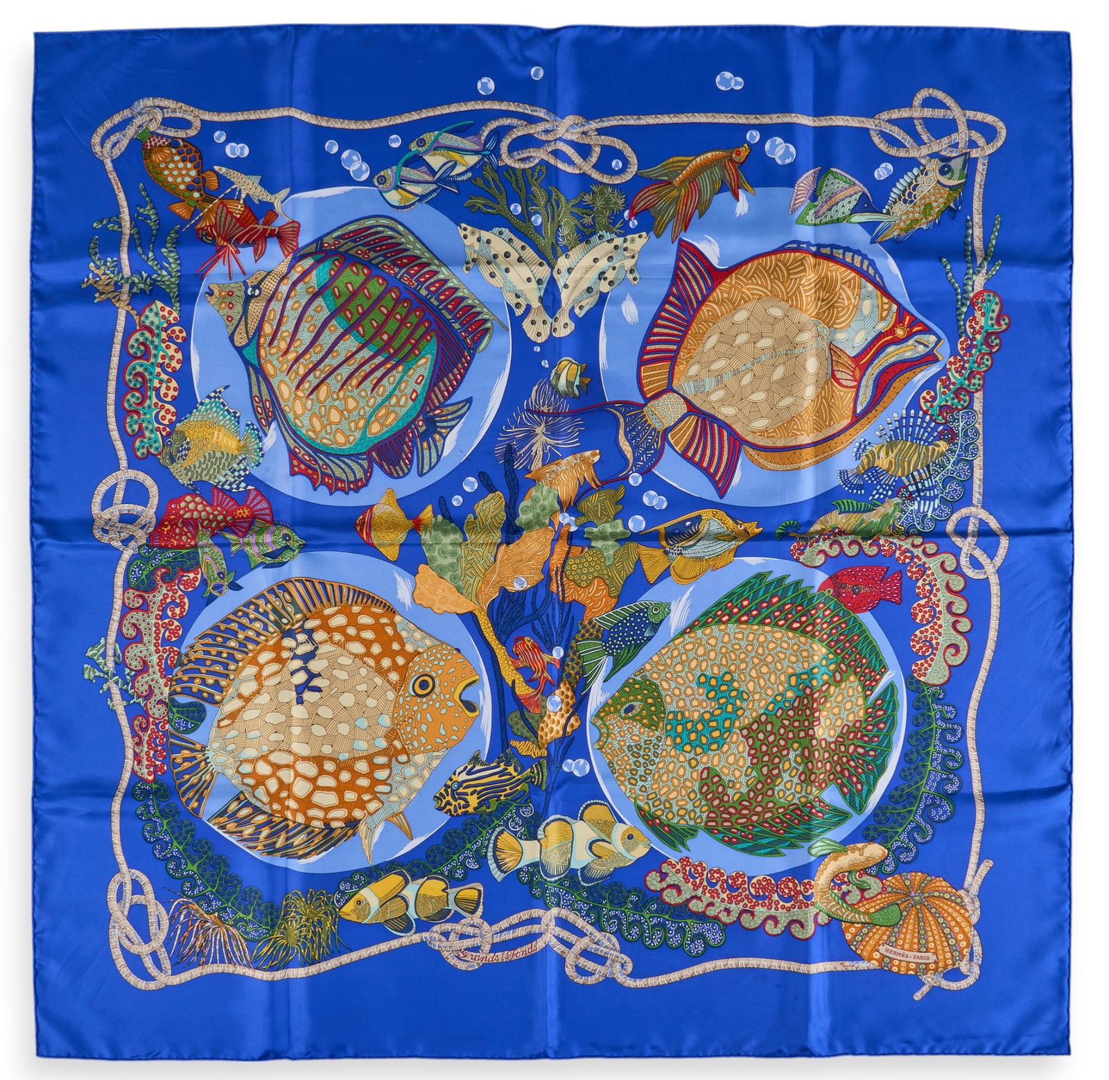 Hermes "Grand Fonds" Silk Scarf: Annie Faivre designing for Hermes "Grands Fonds" silk scarf, includes box Square 35 in. Condition A; excellent condition, shows little signs of use Provenance: Property from a home in O