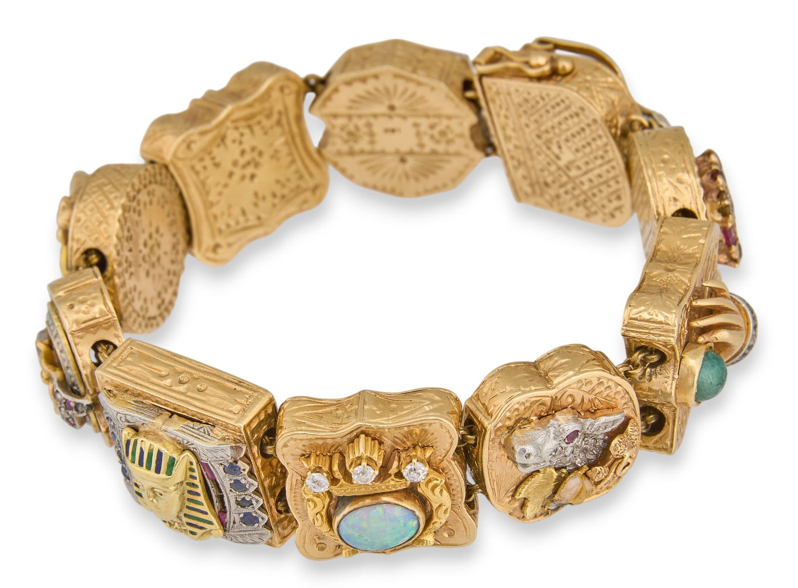Antique 14K Diamond Sliding Charm Bracelet: Antique 14K yellow gold and semi-precious stone sliding charm bracelet, featuring ten charms that are adorned with diamonds, rubies, opal, sapphires and enamel work, marked "14K&qu